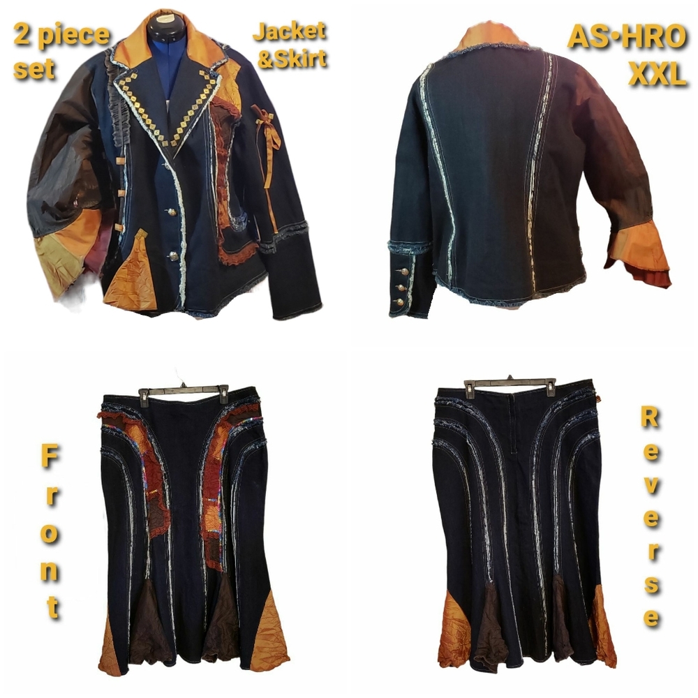 AS•HRO Denim/Mixed Materials Skirt/Jacket Set, XXL, fits like 16W-18W.